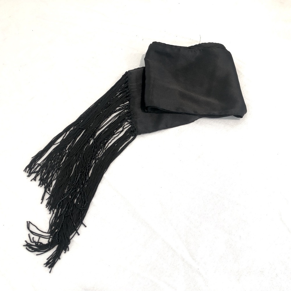 Long Black Satin Scarf Fringe Beaded by Echo